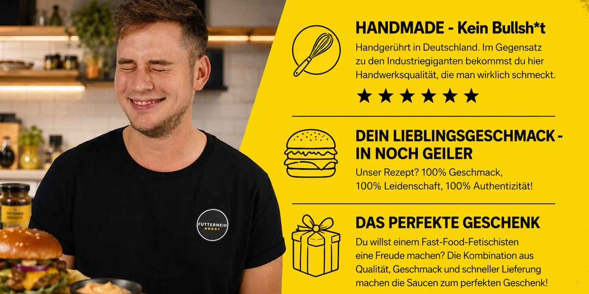 Patrick mit Burger und Sauce in seiner Küche